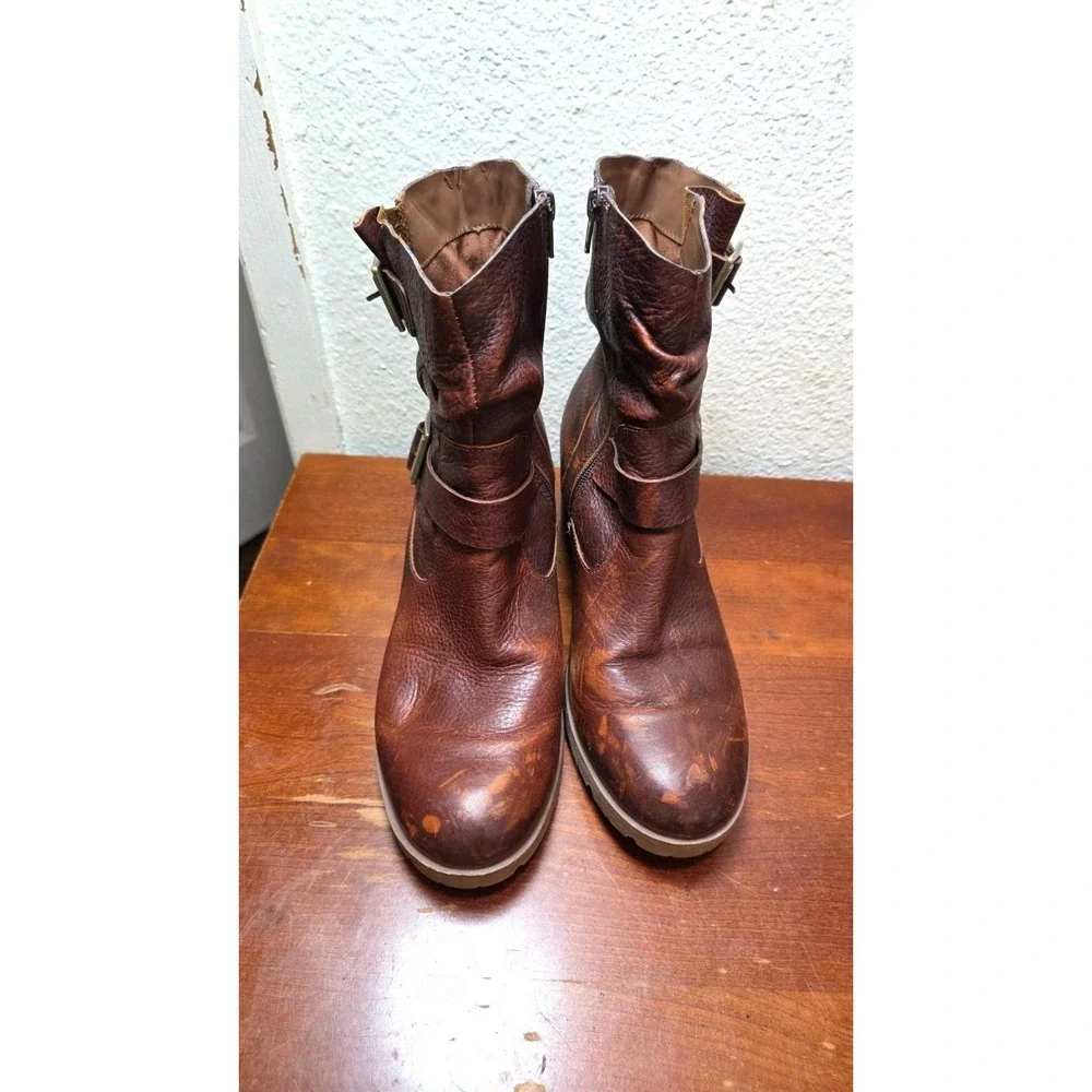 Korks-Ease Brown Ankle Boots Buckle & Stacked Heel Distressed Leather Size 9.5